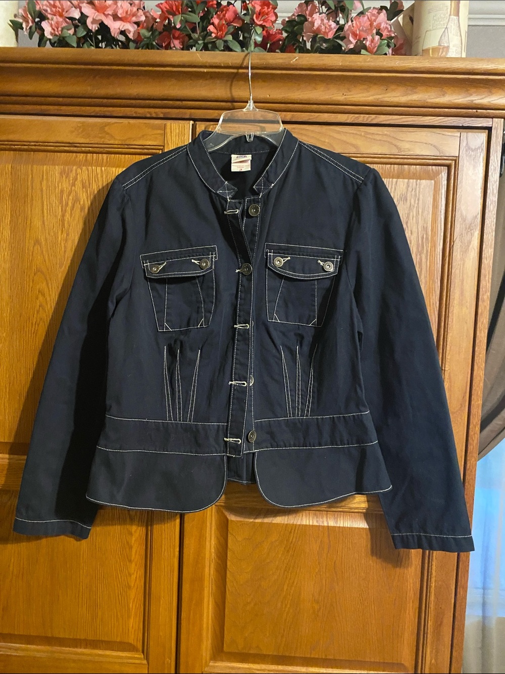 Faded Glory Black Contrast-Stitch Peplum Jean Jacket